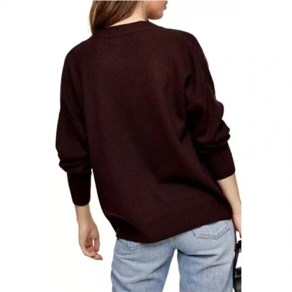 TOPSHOP Slouchy Ribbed V-Neck Sweater Maroon / Burgundy Cozy Oversized Sz XS NWT - Picture 3 of 10